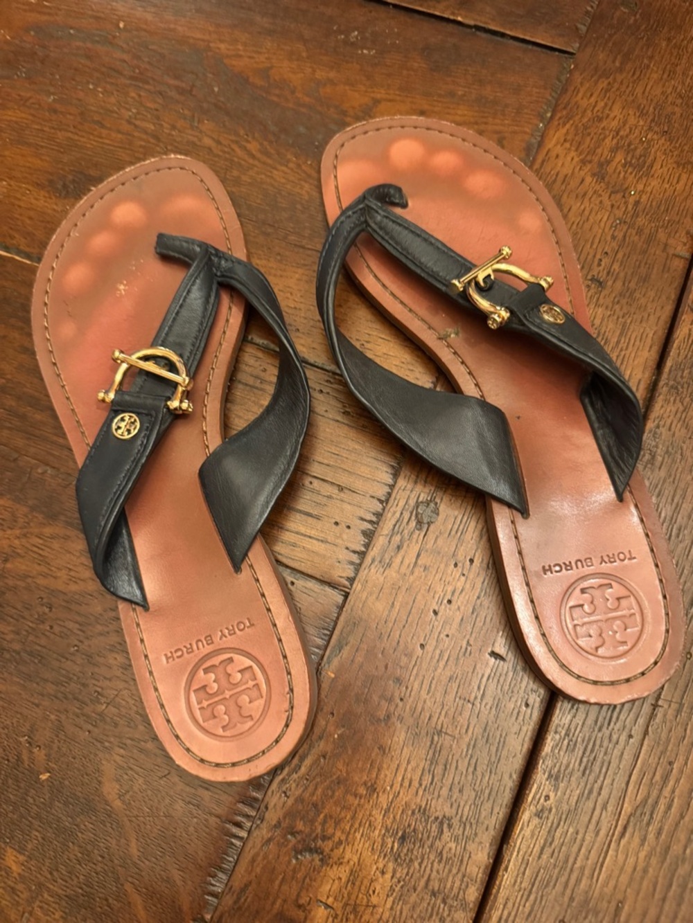 Tory Burch Black Leather Thong Sandals with Gold Hardware